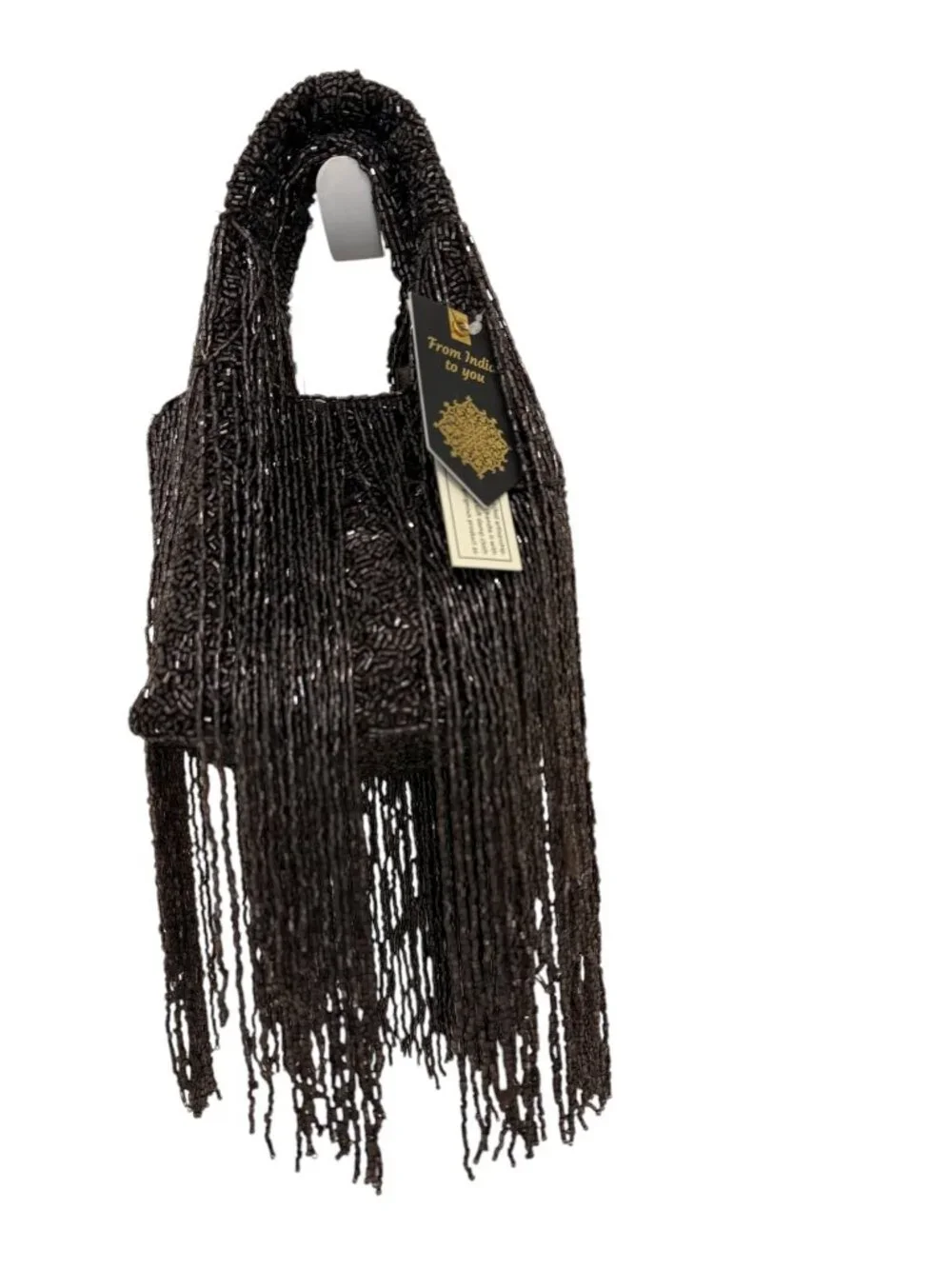 Brown Beaded Fringed Bag From India to You Handmade Long Fringes NWT